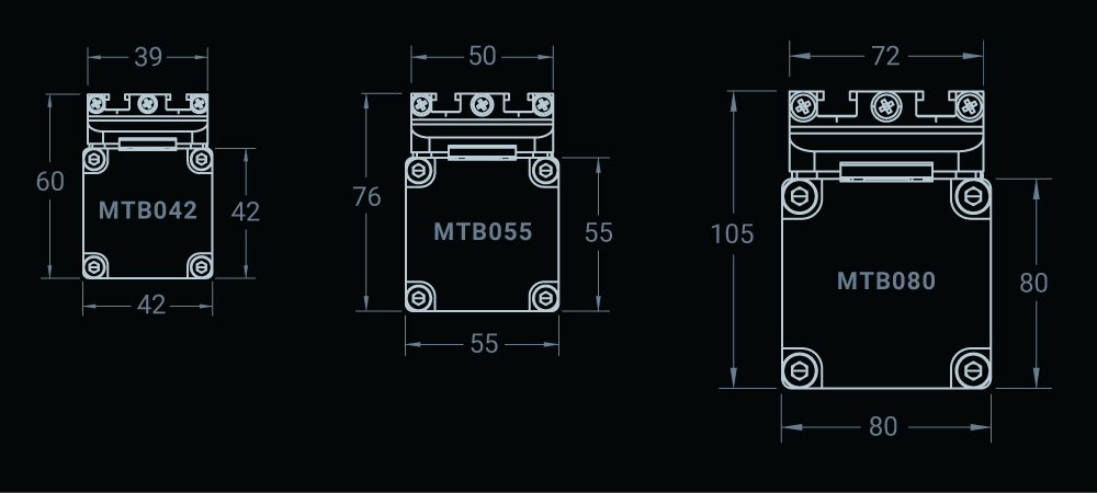 Dimensions for all 3 MTB actuators
