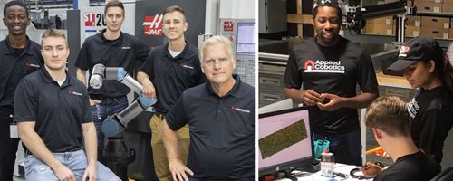 two group photos of workers wearing applied cobotics T shirts